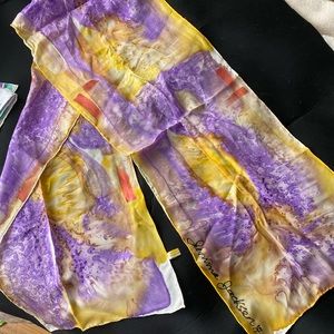 100% silk purple and gold hand painted scarf signed